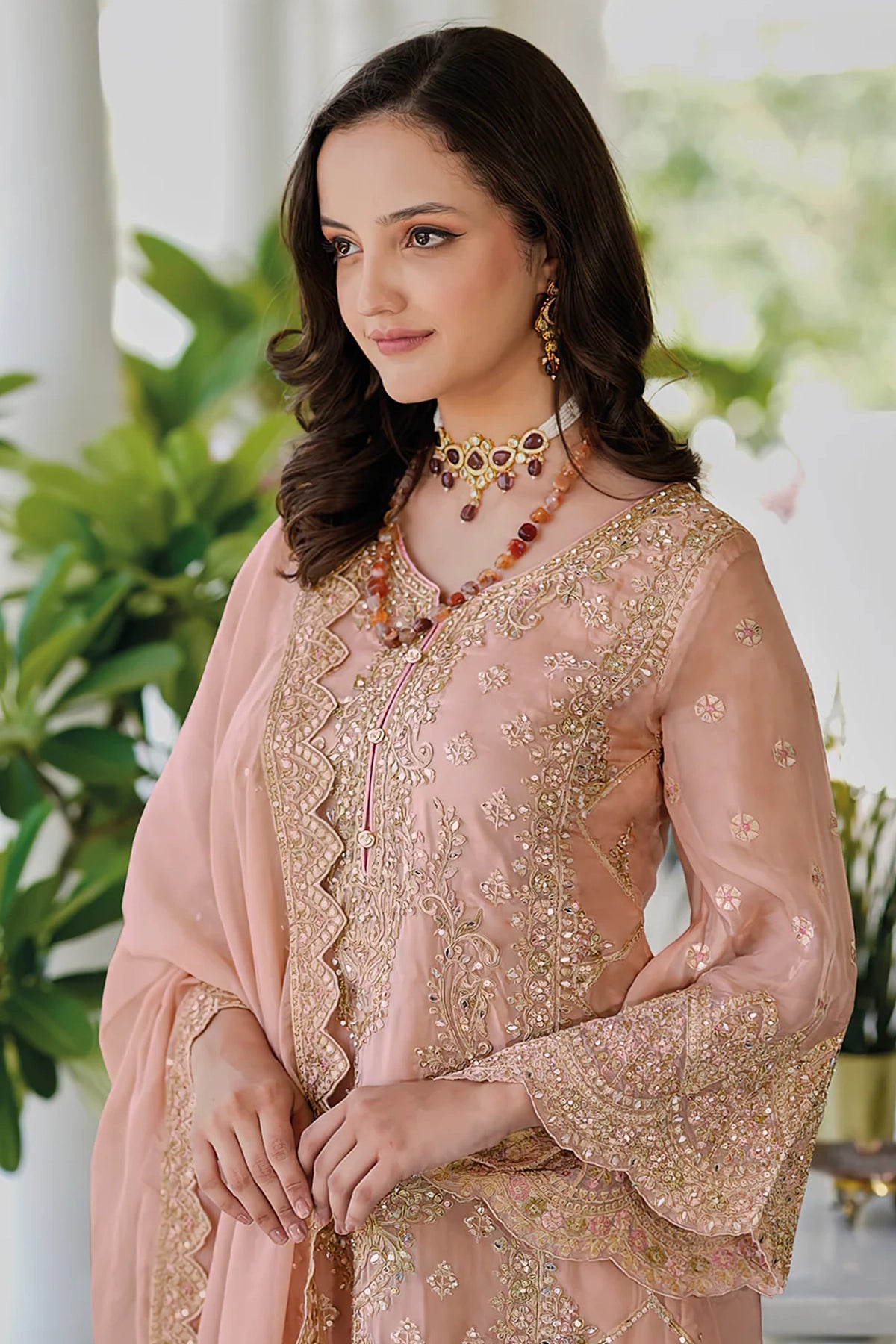 Peach Pink Heavy Embroidery Work Organza Suit at PinkPhulkari 