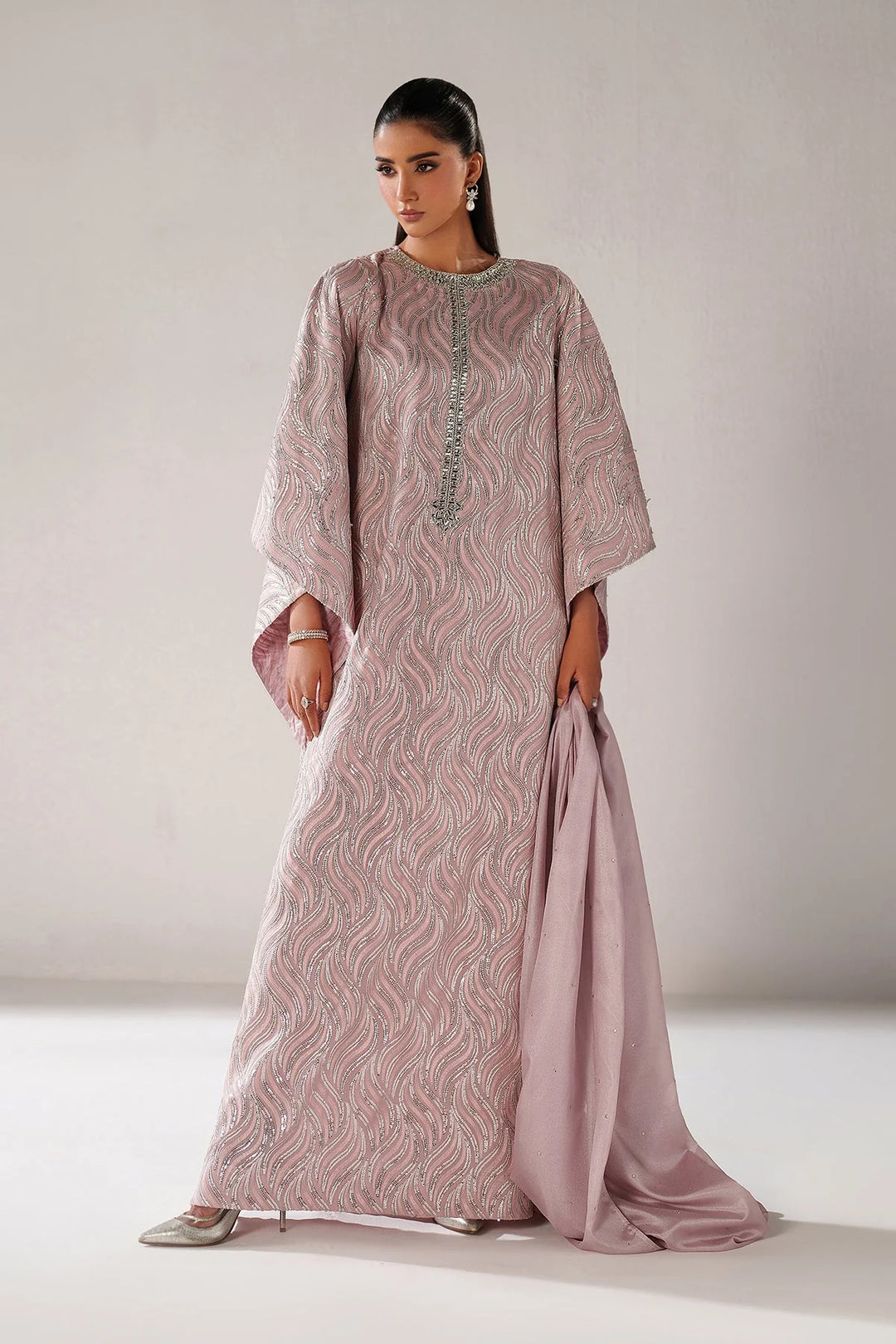 Pink Embroidered Chiffon Kaftan Suit