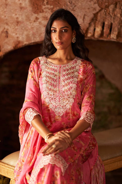 Buy Women's Pink Floral Print Embroidered Kurta Sharara & Dupatta Set Buy Women's Pink Floral Print Embroidered Kurta Sharara & Dupatta Set 