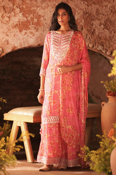 Women's Pink Floral Print Embroidered Kurta Sharara & Dupatta Set 