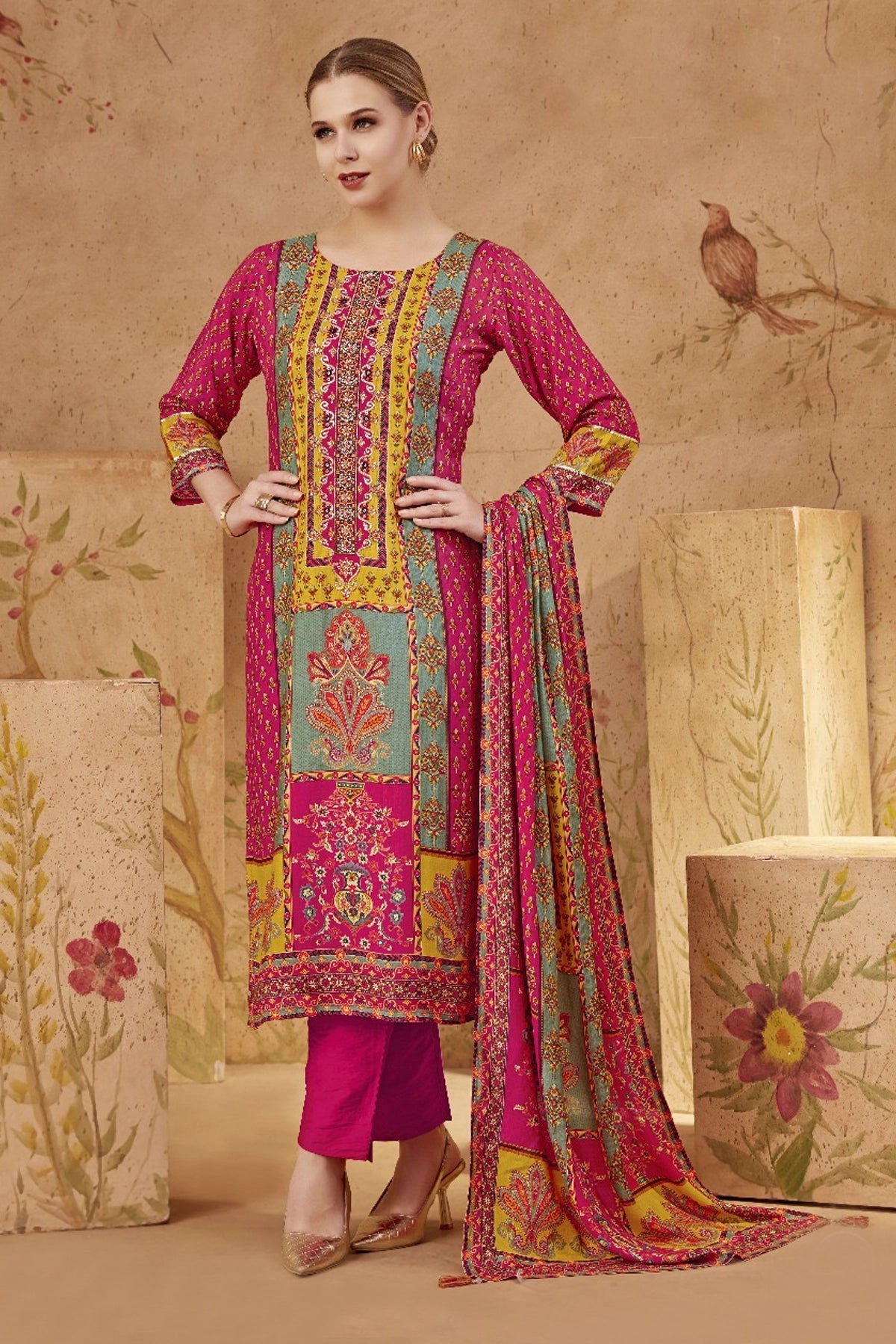 Hot Pink Women's Muslin Silk Embroidered Kurta Set - PinkPhulkari