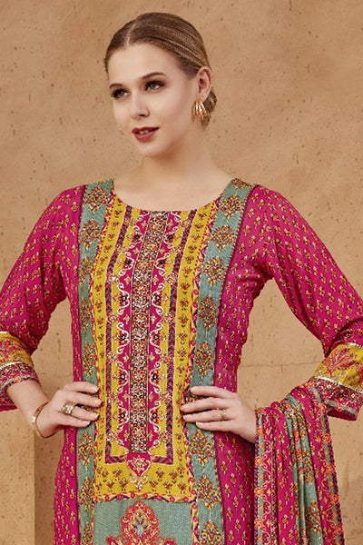Hot Pink Women's Muslin Silk Embroidered Kurta Set - PinkPhulkariHot Pink Women's Muslin Silk Embroidered Kurta Set - PinkPhulkari