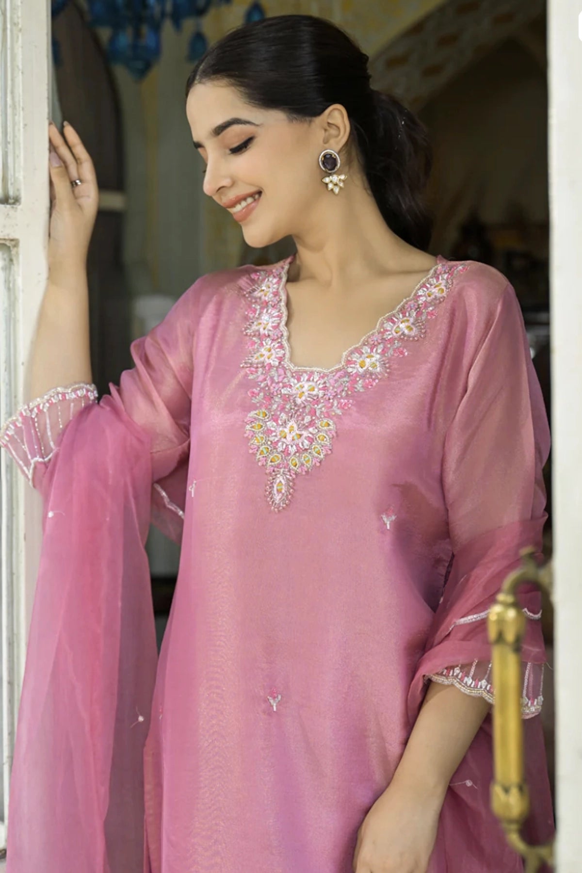 Buy Pink Embroidered Pant Style Suit Set at PinkPhulkari California