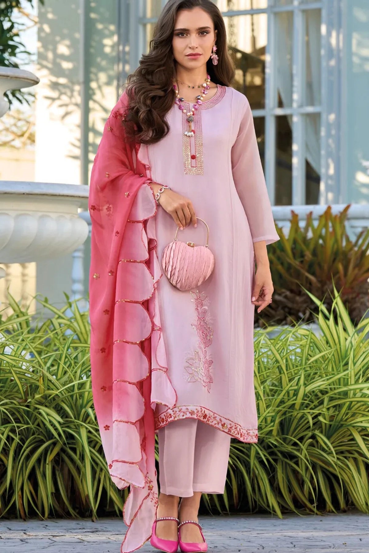 Embroidered Organza Straight Pant Suit