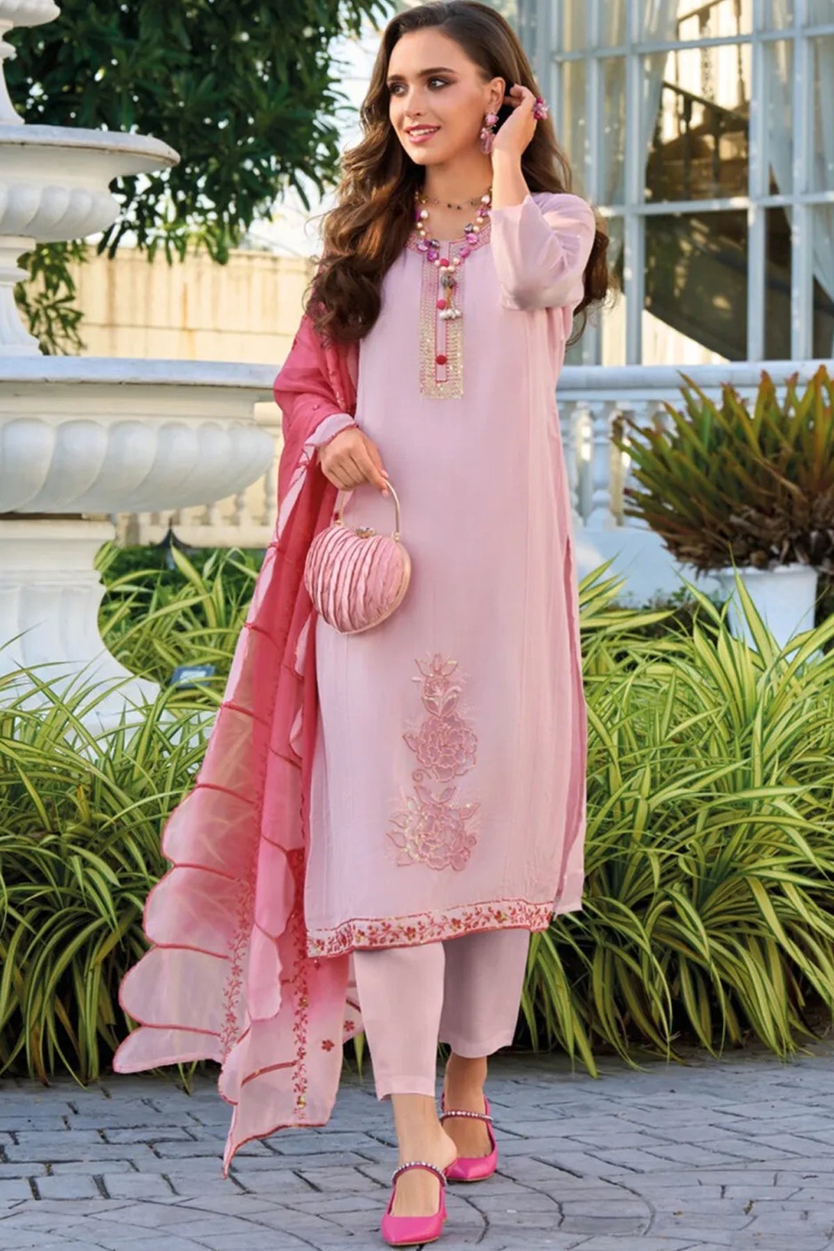 Embroidered Organza Straight Pant Suit