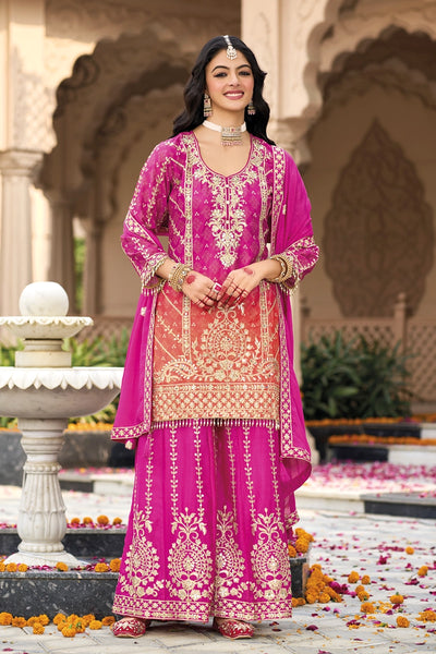 Buy Pink Embellished Chinon Silk Palazzo Suit Set at PinkPhulkari 