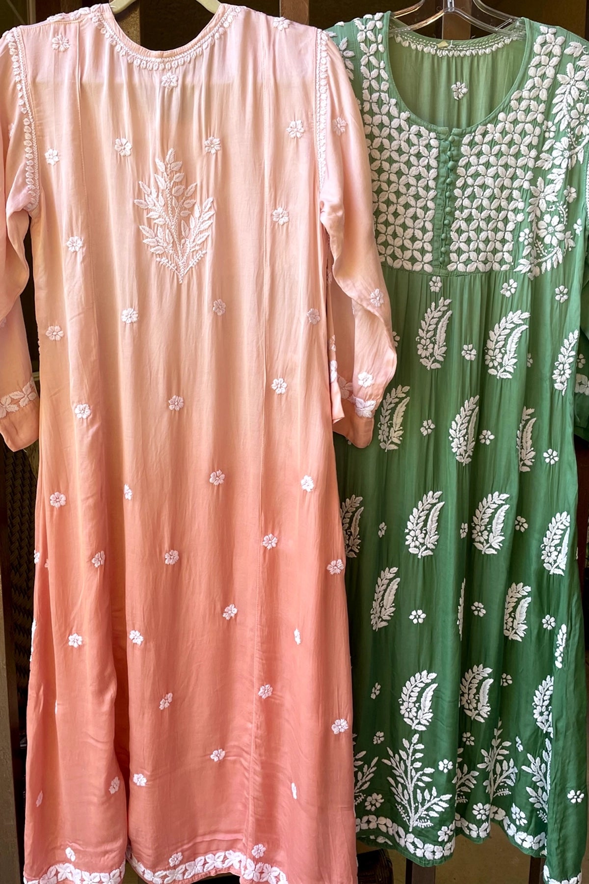 Peach Satin Silk Handcrafted Lucknowi Chikankari A Line Kurta Dress