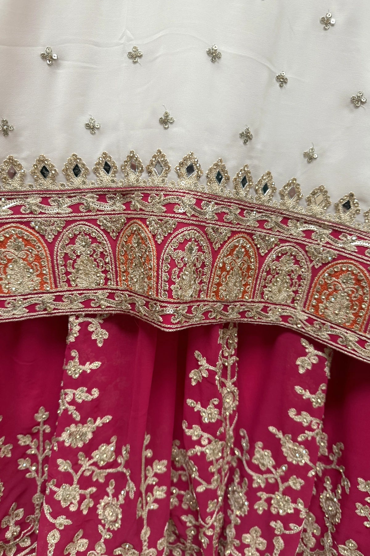 White & Pink Georgette Sharara Set With Mirror Sequins & Handwork