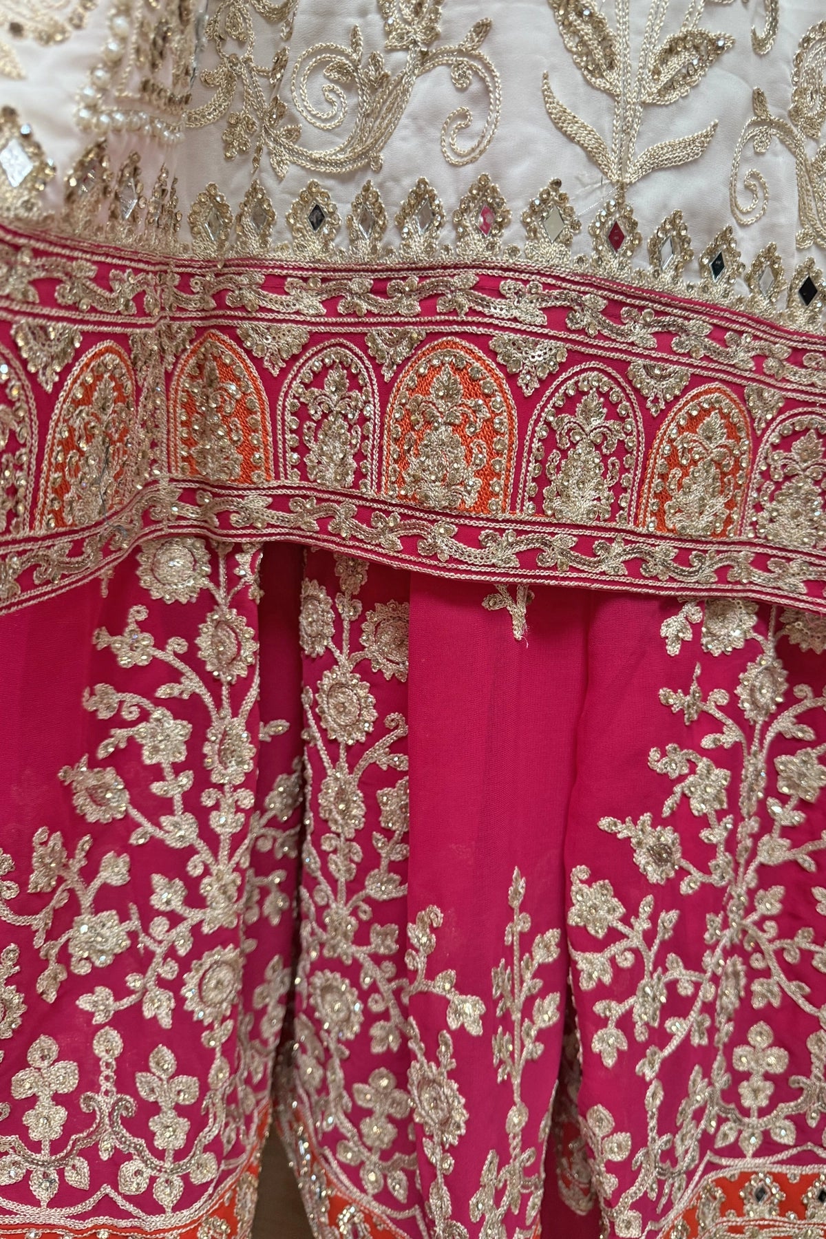 White & Pink Georgette Sharara Set With Mirror Sequins & Handwork