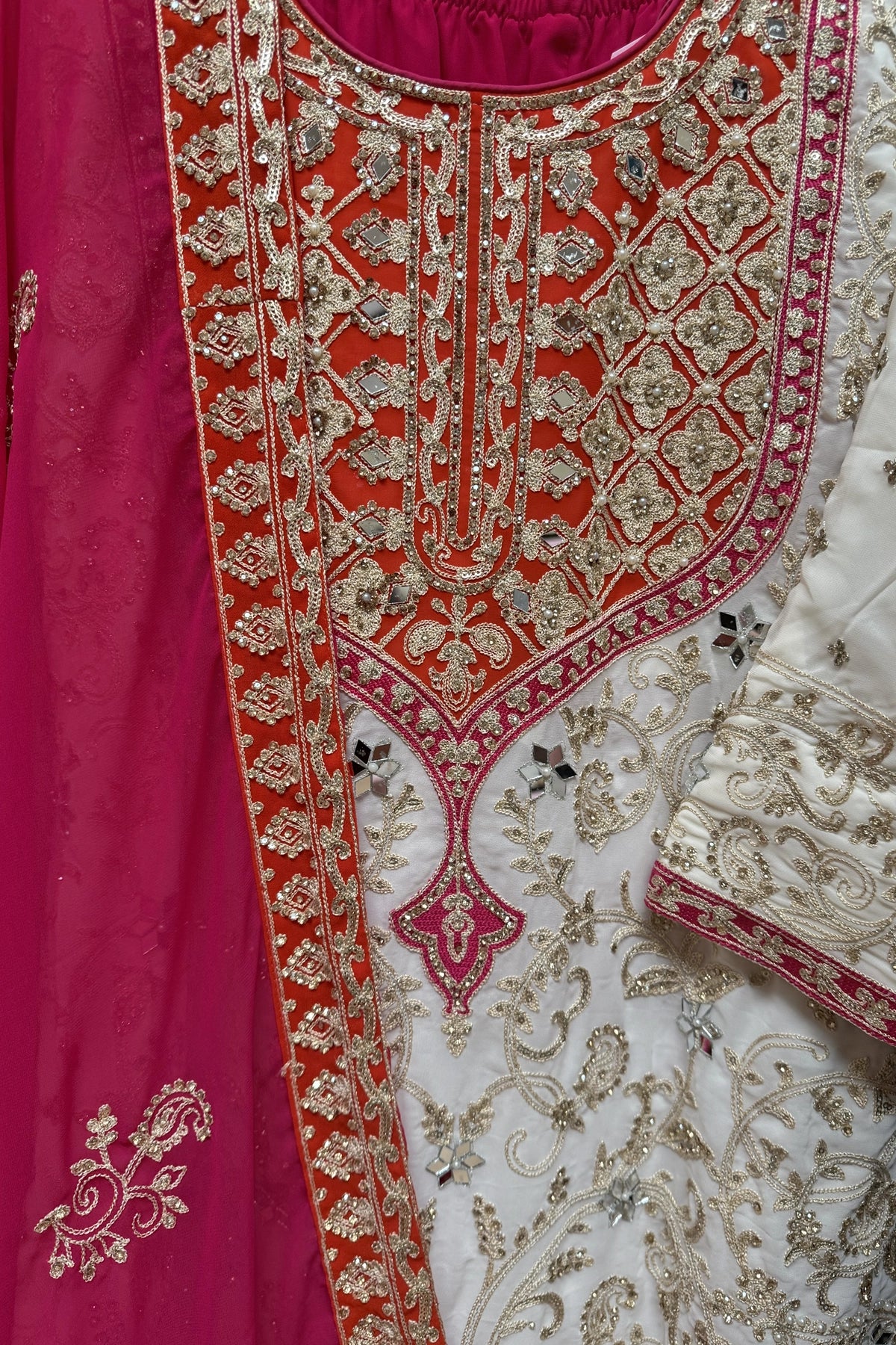 White & Pink Georgette Sharara Set With Mirror Sequins & Handwork