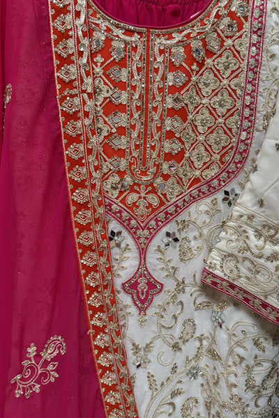 White & Pink Georgette Sharara Set With Mirror Sequins & HandworkWhite & Pink Georgette Sharara Set With Mirror Sequins & Handwork