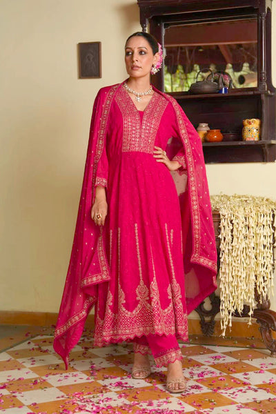 Hot Pink Embroidered Georgette Anarkali Kurta Suit Set at PinkPhulkari