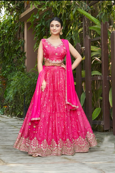 Buy Women's Pink Bandhani Embroidered Lehenga Set at PinkPhulkari