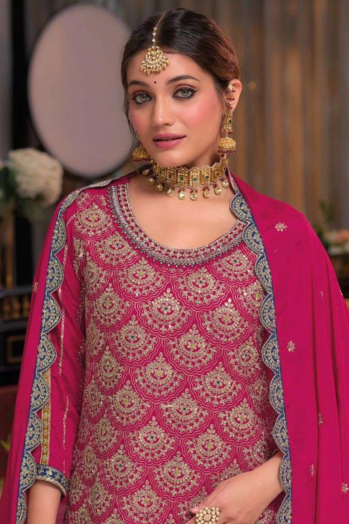 Buy Pink Chinon Silk Embroidered Kurta Palazzo Set at PinkPhulkari 