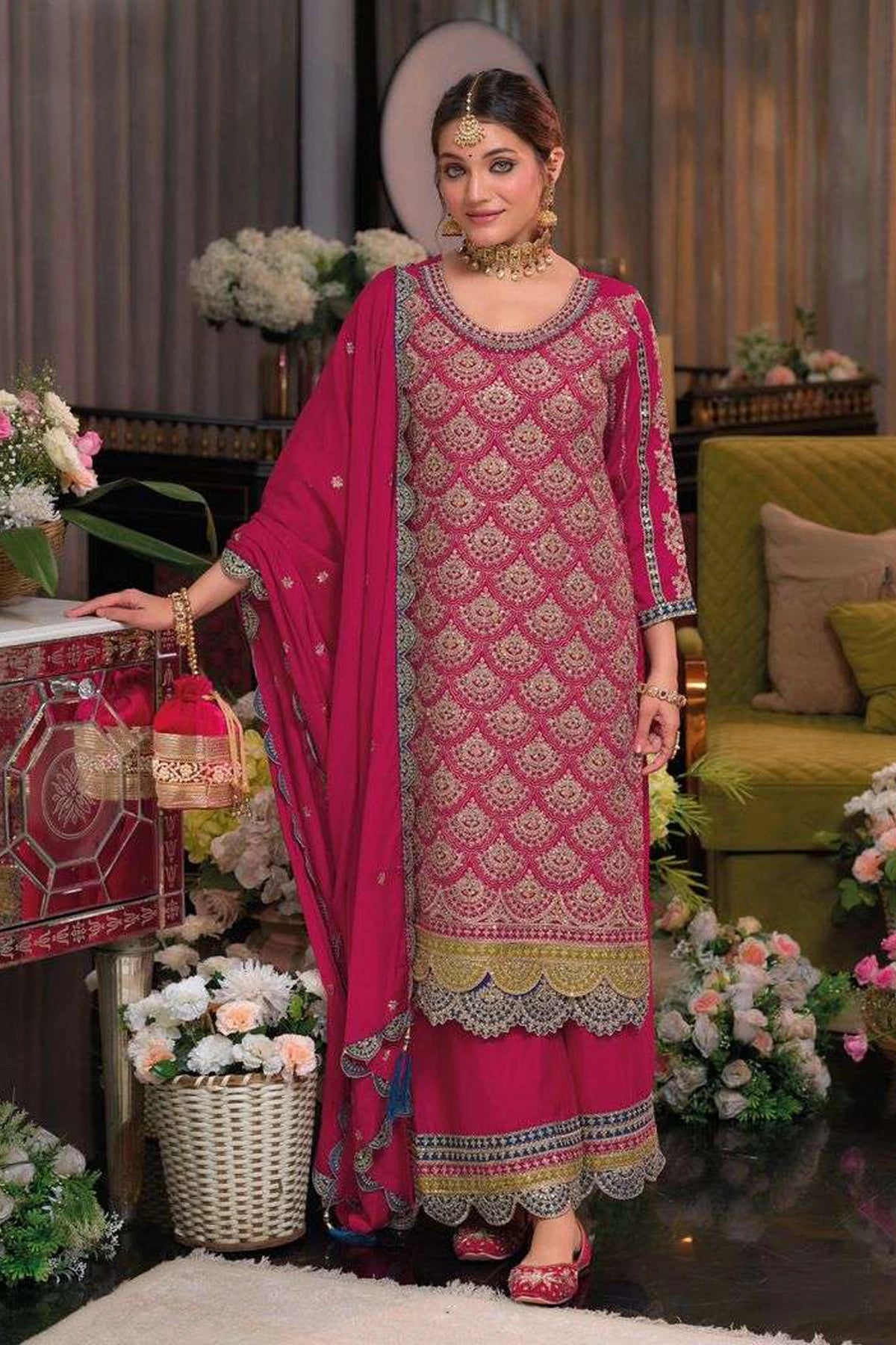 Buy Pink Chinon Silk Embroidered Kurta Palazzo Set at PinkPhulkari 