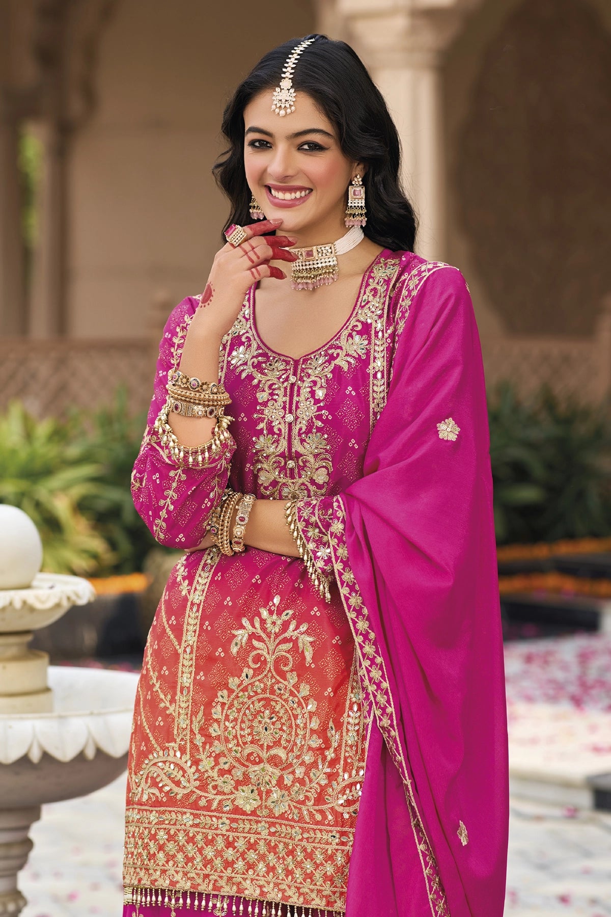 Buy Pink Embellished Chinon Silk Palazzo Suit Set at PinkPhulkari 