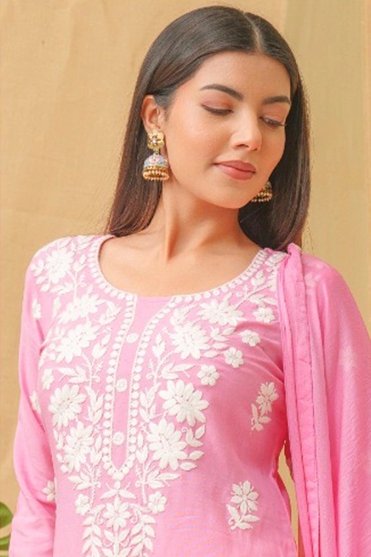 Buy Pink Embroidered Rayon Kurta Set at PinkPhulkari California