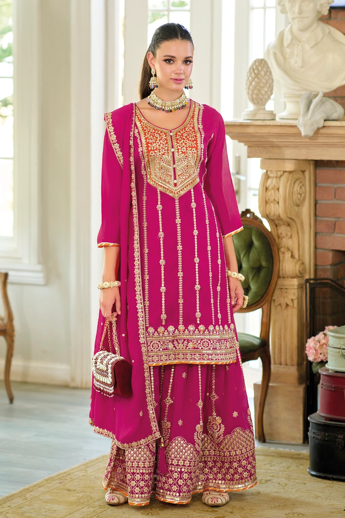 Buy Pink Silk Embroidered Sharara Set at PinkPhulkari California