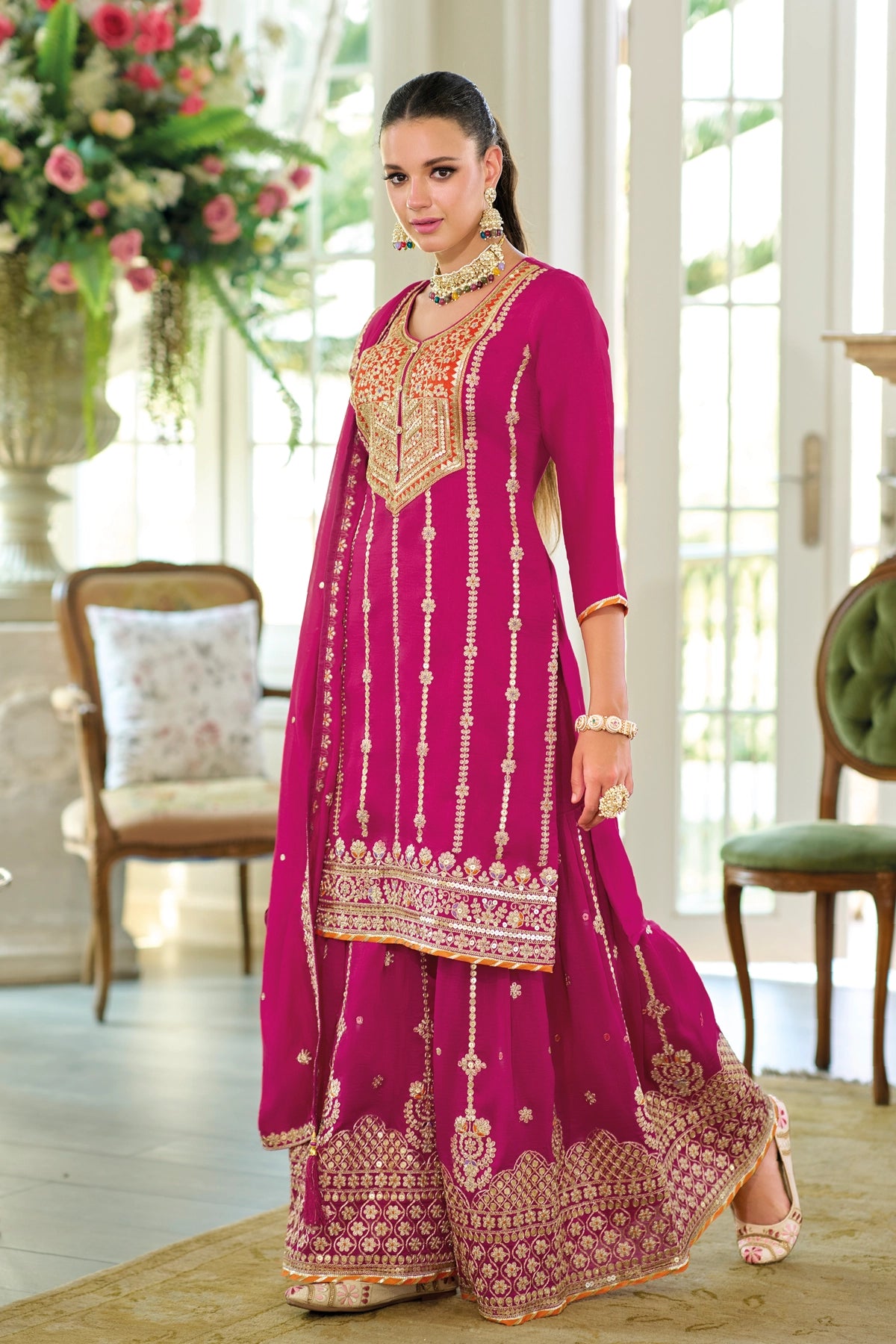 Buy Pink Silk Embroidered Sharara Set at PinkPhulkari California