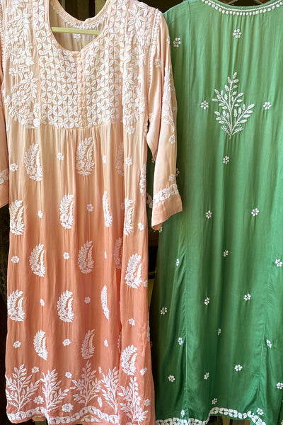 Peach Satin Silk Handcrafted Lucknowi Chikankari A Line Kurta Dress