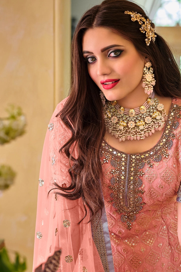 Pink Georgette Embroidered Sharara Suit at PinkPhulkari California