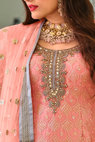 Pink Georgette Embroidered Sharara Suit at PinkPhulkari CaliforniaPink Georgette Embroidered Sharara Suit at PinkPhulkari California