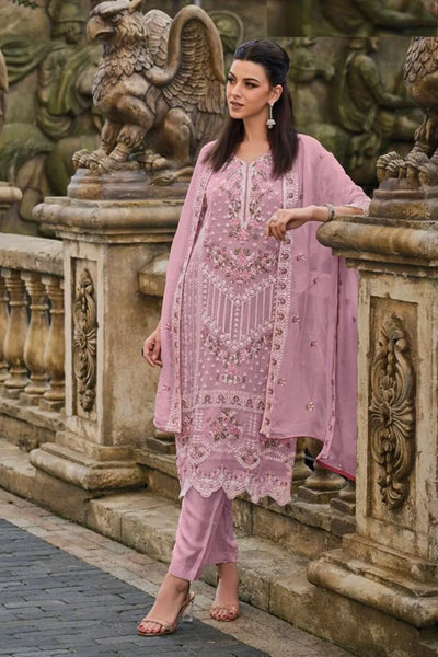 Plum Embroidered Soft Organza Pant Style Suit at PinkPhulkari 