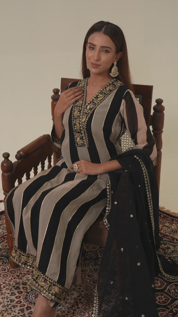 Black Organza Embroidered Stripe Pattern Kurta Pant & Dupatta Set