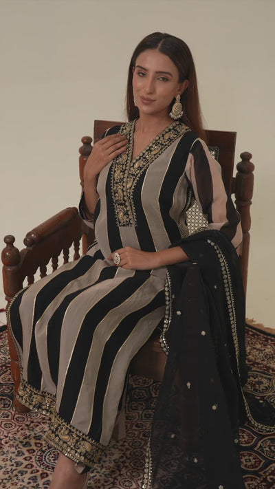 Black Organza Embroidered Stripe Pattern Kurta Pant & Dupatta SetBlack Organza Embroidered Stripe Pattern Kurta Pant & Dupatta Set