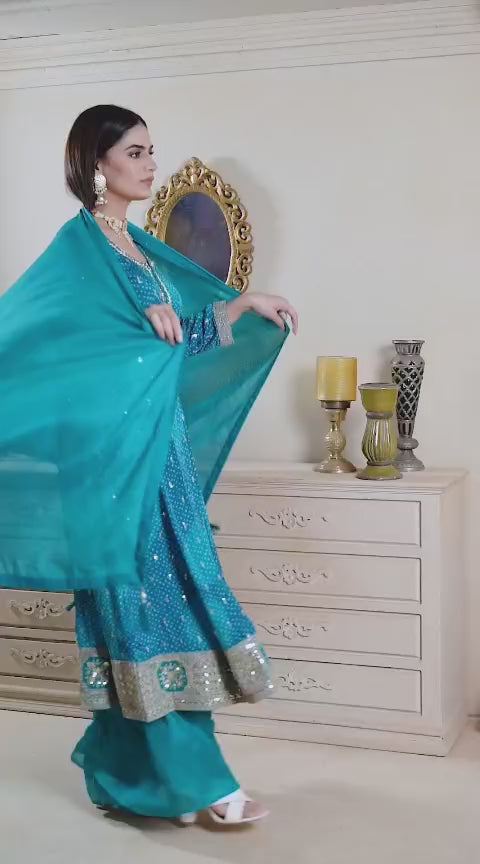 Blue Chinon Silk Bandhani Anarkali Palazzo Suit Set