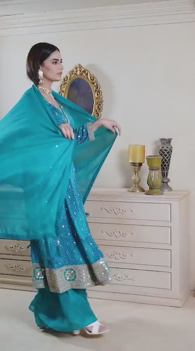 Blue Chinon Silk Bandhani Anarkali Palazzo Suit SetBlue Chinon Silk Bandhani Anarkali Palazzo Suit Set