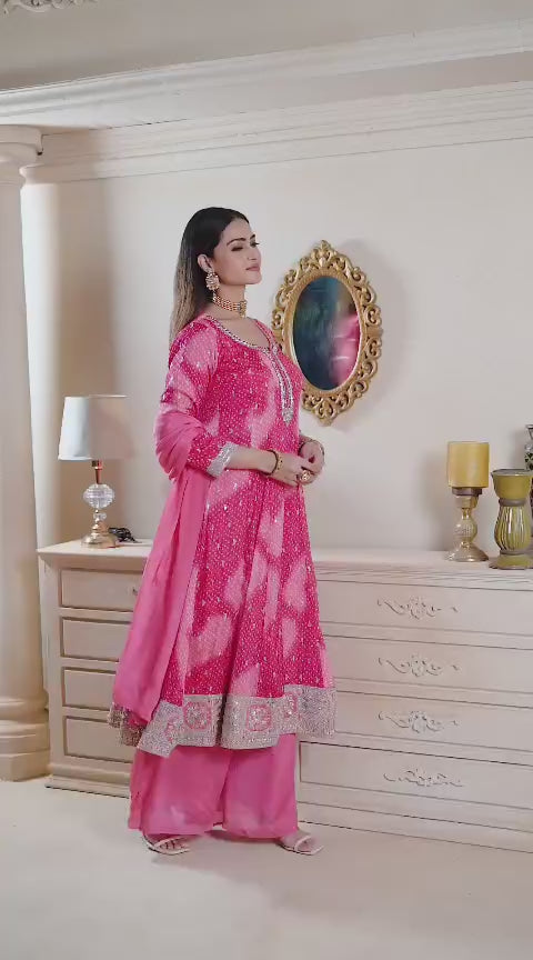 Pink Chinon Silk Bandhani Anarkali Palazzo Suit Set