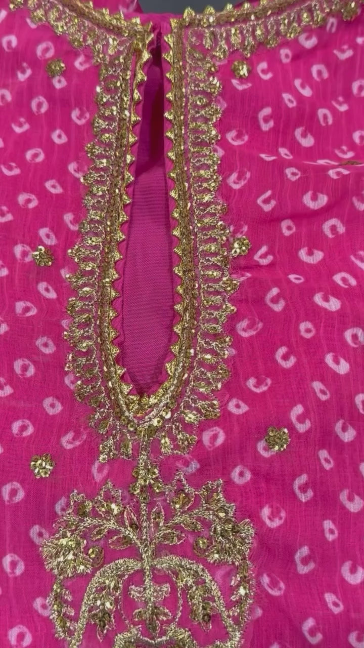 Women's Bright Pink Embroidered Chiffon Pant Style Kurta Suit Set