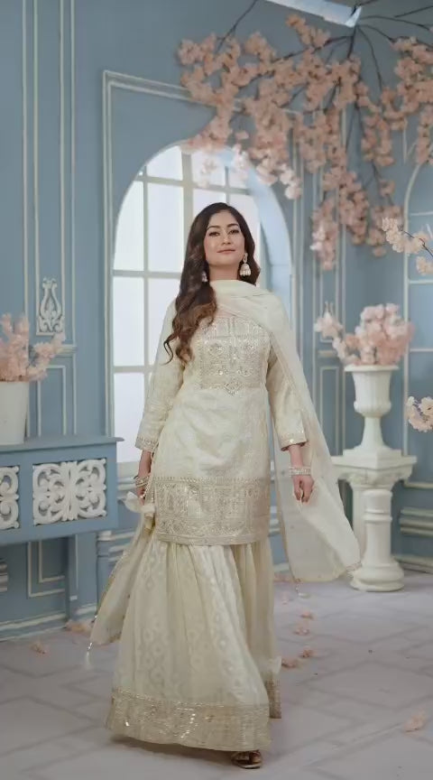 Shimmer Silk Embroidered Sharara Indian & Pakistani Suit, Silk / Ivory / XL(42)