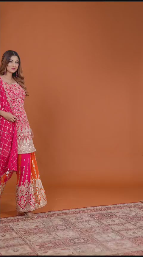 Pink & Orange Georgette Kurta Palazzo Suit Set | Festive Wear
