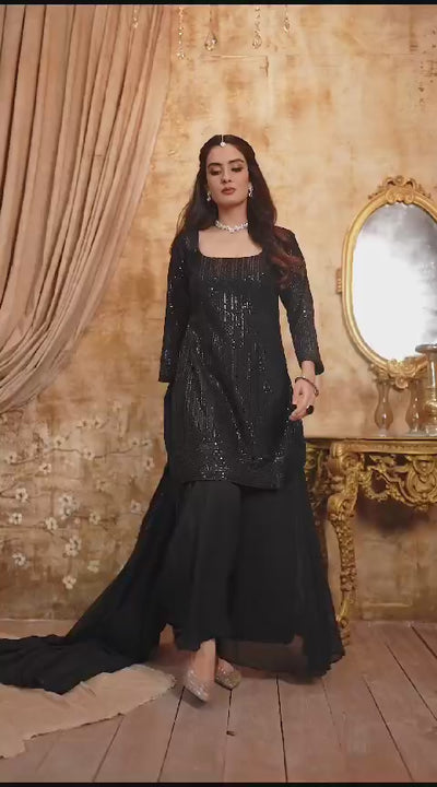 Black GeorgetteSequin Embroidery Kurta Sharara Set at PinkPhulkariBlack GeorgetteSequin Embroidery Kurta Sharara Set at PinkPhulkari