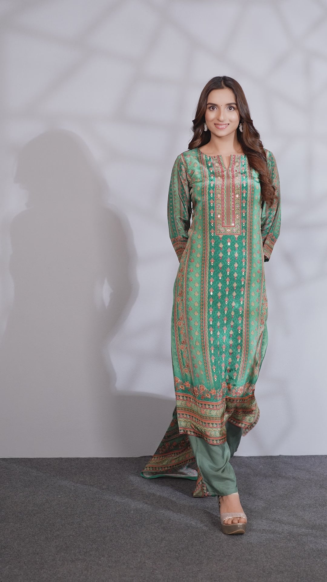 Green Crepe Printed & Hand Embroidered Kurta Set With Chinon Dupatta