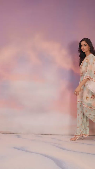 Mint Green Crepe Printed Kaftan & Palazzo Set with EmbroideryMint Green Crepe Printed Kaftan & Palazzo Set with Embroidery