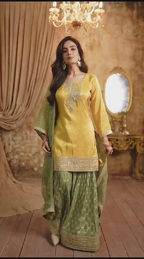 Yellow Green Shimmer Silk Gharara Style Suit