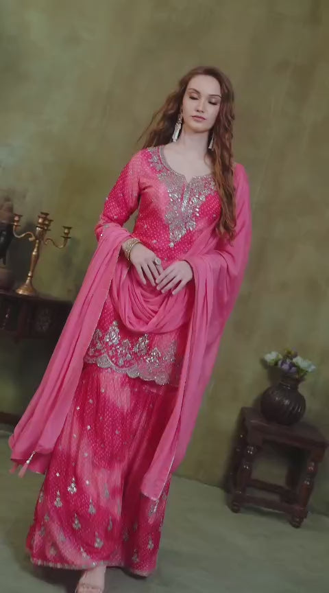 women's in pink bandhani sharara suit video