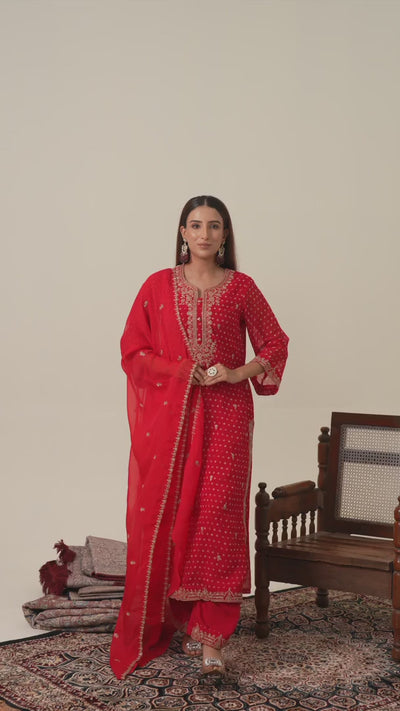 Buy Red Embroidered Organza Suit at PinkPhulkari CaliforniaBuy Red Embroidered Organza Suit at PinkPhulkari California