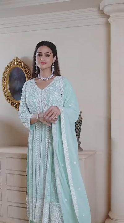 Mint Green Embroidered Georgette Front Slit Anarkali SetMint Green Embroidered Georgette Front Slit Anarkali Set