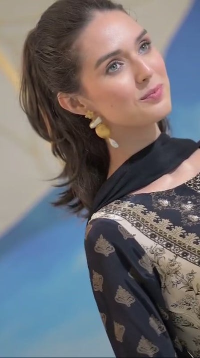 Black Crepe Embroidered Printed  Gharara Suit SetBlack Crepe Embroidered Printed  Gharara Suit Set