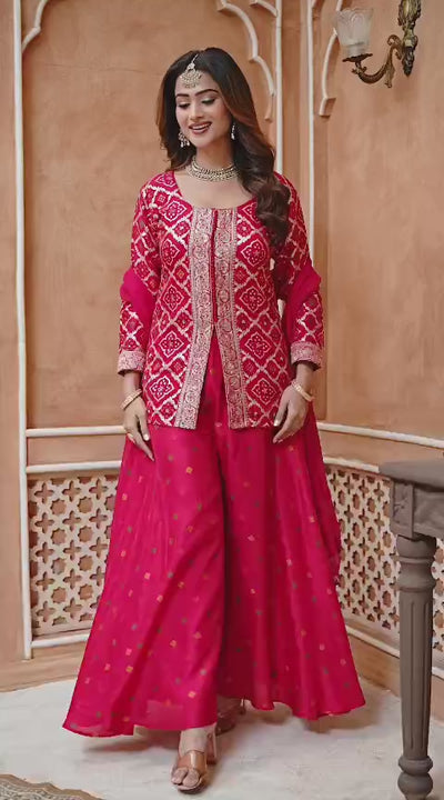 Indo Western Embroidered Jacket Style Palazzo Suit SetIndo Western Embroidered Jacket Style Palazzo Suit Set