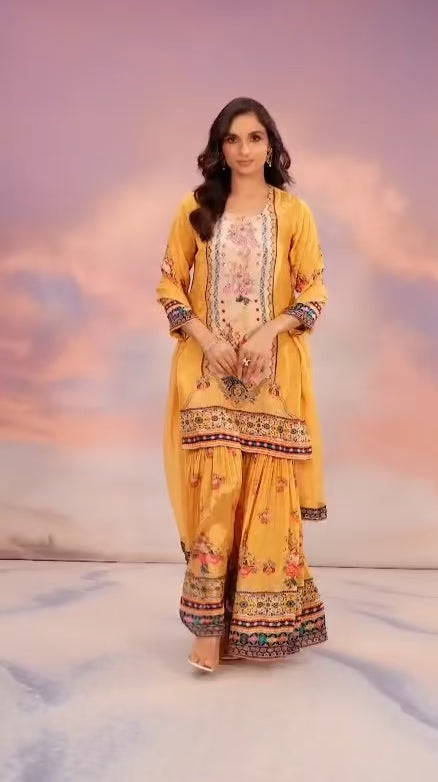 Yellow Crepe Embroidered Printed Gharara Suit Set