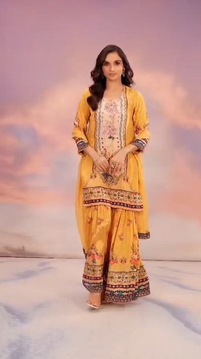 Yellow Crepe Embroidered Printed Gharara Suit SetYellow Crepe Embroidered Printed Gharara Suit Set