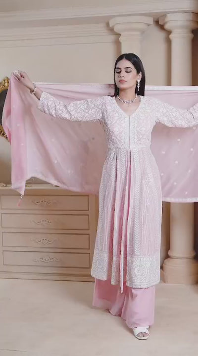 Pink Embroidered Georgette Front Slit Anarkali SetPink Embroidered Georgette Front Slit Anarkali Set
