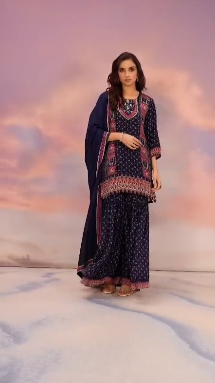 Crepe Embroidered Printed Gharara Suit Set