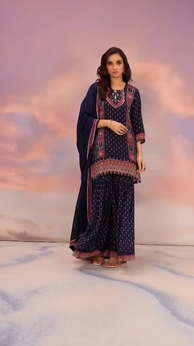 Crepe Embroidered Printed Gharara Suit SetCrepe Embroidered Printed Gharara Suit Set
