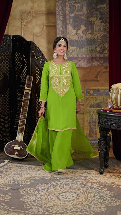 Buy Green Georgette Gota Patti Work Kurta Palazzo Set at PinkPhulkari Buy Green Georgette Gota Patti Work Kurta Palazzo Set at PinkPhulkari 